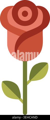Simple illustration of a brown rosebud on a straight green stem with two olive green leaves. Stock Vector