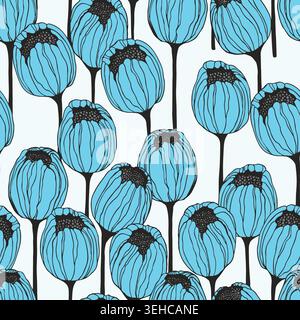 Spring colorful vector illustration with tulips. Cartoon style. Simple minimalistic pattern with nature elements. Vector illustration for fabric Stock Vector