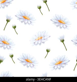 Seamless vector pattern with white daisies and buds Stock Vector