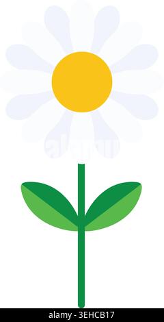 Simple illustration of a white daisy flower with a yellow center on a tall green stem with leaves. Stock Vector