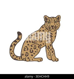 Hand drawn vector illustration of sitting jaguar isolated on white background. Cute exotic big cat with green eyes, leopard spots and vintage texture Stock Vector