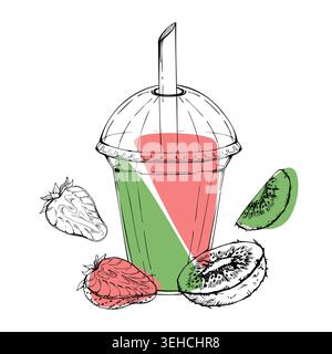 Ripe strawberry berry, kiwi fruit divided detox smoothie in takeaway dome lid cup. Isolated illustration, hand drawn ink line vector graphic. Fast Stock Vector
