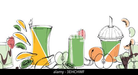 Seamless drink strip. Kiwi, apple detox, exotic mango and strawberry smoothies. Hand drawn ink vector graphics. Organic market banners, farm shop Stock Vector