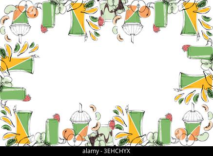 Kiwi, apple fruit, peach, mixed berry smoothie, matcha drinks in green and orange frame, chocolate trickle accents. Hand drawn ink vector. Detox Stock Vector