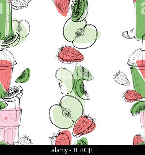 Seamless fruit drink pattern. Green detox kiwi, apple and strawberry smoothie mixed glasses, fruit slices, berry milkshakes hand drawn in ink vector Stock Vector