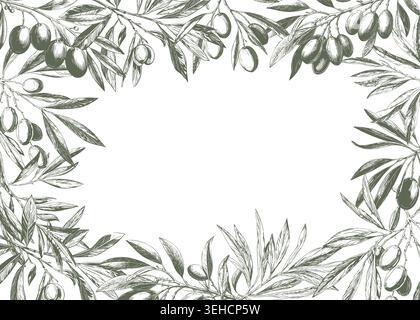 The frame is made of olive twigs, the sketch is hand-drawn. Vector illustration. Branches with graceful leaves on a postcard, isolated on a white back Stock Vector