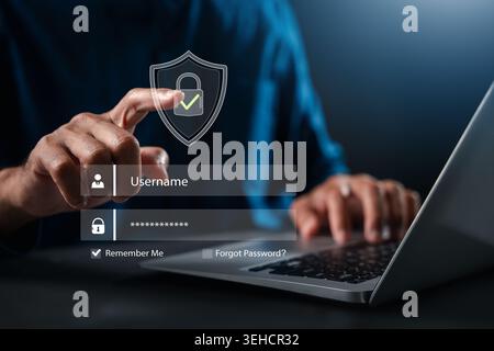 Cybersecurity ensures secure login for user digital identity verification and authentication using shield icon and password form for data protection a Stock Photo
