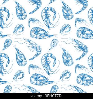 Seamless vector pattern with hand-drawn blue ink shrimp. Template for label Stock Vector