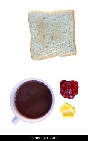 Top view set of American breakfast or westerner breakfast of toast coffee yam and margarine is isolated on white background with clipping path. Stock Photo