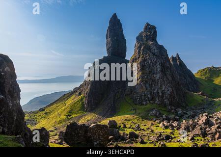 This rock formation is known as the "Old Man of Storr". It is located on the Isle of Skye in Scotland Stock Photo