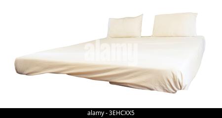 Two white pillows on mattress is isolated on white background with clipping path. Stock Photo