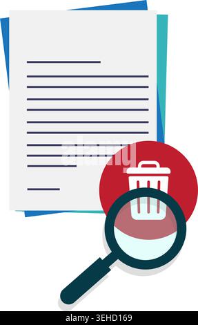 A flat vector icon showing a magnifying glass inspecting a trash bin over a paper document for data audit concepts. Stock illustration. Stock Vector