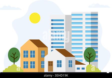 A flat vector illustration depicting a sunny city skyline featuring residential homes and tall corporate buildings. Stock Vector