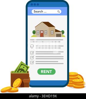 Smartphone displaying a house rental listing with a wallet and gold coins representing digital property payments. Stock Illustration. Stock Vector