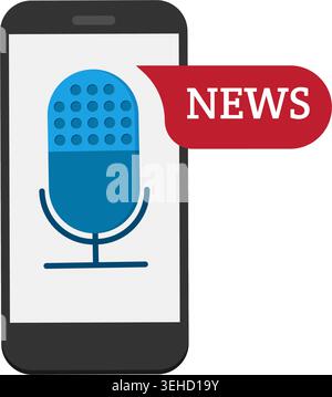 Modern flat design of smartphone displaying microphone symbol with news label, representing podcast, broadcasting, media communication. Stock Vector