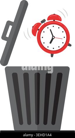 A red ringing alarm clock being discarded into an open grey garbage bin, symbolizing wasted time or ending a schedule. Stock Illustration. Stock Vector