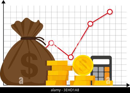 Vector illustration showing financial growth concept with money bag, stacked coins, calculator, and rising graph on grid background. Stock Vector