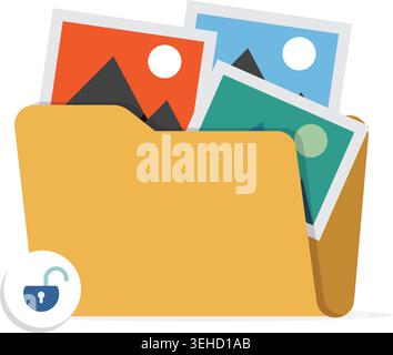 Vector art of an open yellow file folder containing mountain landscape photographs and an unlocked security padlock icon. Stock Vector