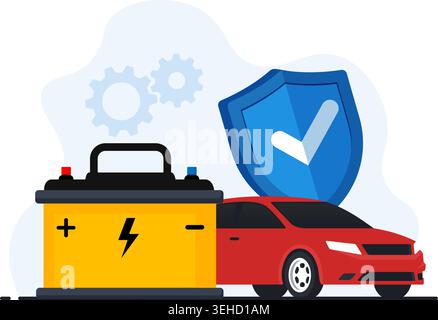 Vector graphic showing a lead-acid car battery, a red sedan, and a blue shield for vehicle service and safety concepts. Stock Vector