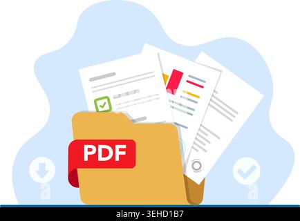 Flat vector illustration of a yellow folder containing PDF documents, reports, and a checklist for data management. Stock Vector