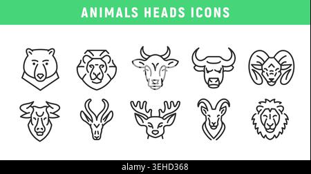 Animal Heads Icons Set Stock Vector