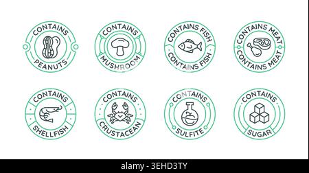 Food Contains Allergen Labels Set With Ingredient Badges Stock Vector