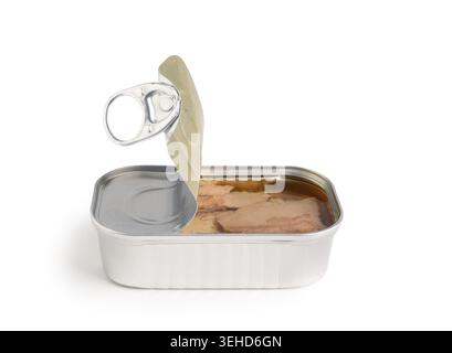 Open tin can with cod liver isolated on white background, closeup Stock Photo