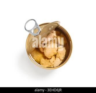 Open tin can with cod liver isolated on white background, closeup Stock Photo