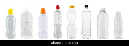 Collection of various plastic bottles for water and beverages with different shapes, sizes, and caps, isolated on a white background. File contains cl Stock Photo