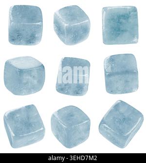 Set of blue ice cubes isolated on white background. Frozen water cubes in different shapes and angles, realistic texture with transparency and reflect Stock Photo