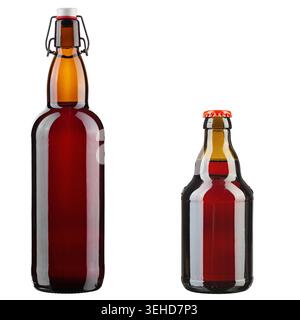 Two different brown glass beer bottles, tall swing top and small stubby bottle, isolated on white background. File contains clipping path. Stock Photo