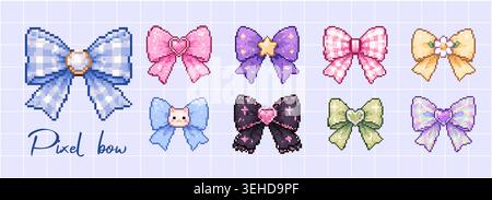 Set of cute pixel bow icons with pastel ribbon designs in pink y2k aesthetic style Stock Vector