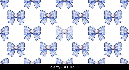 Seamless repeating pattern of pastel blue pixel bows arranged as a decorative ribbon background Stock Vector