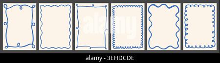 Organic wavy lines vector ribbon frames, blue whimsical summer borders for invitations, menus and wedding designs Stock Vector