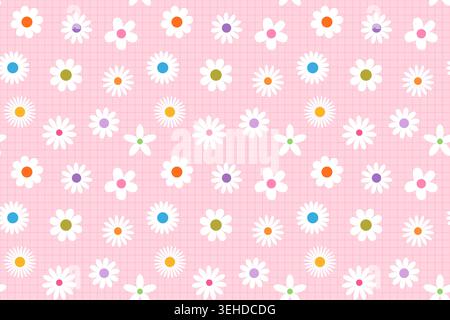 Cute white daisy flowers with colorful floret dots on pink grid background for kids and baby summer designs and textiles Stock Vector