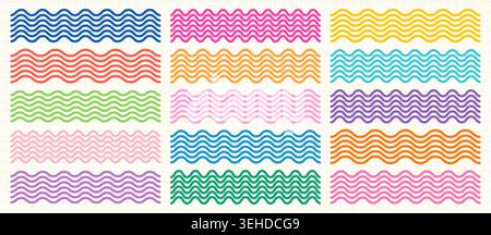 Colorful vector wavy lines set, Parallel squiggly stripe borders for kids design and journaling Stock Vector