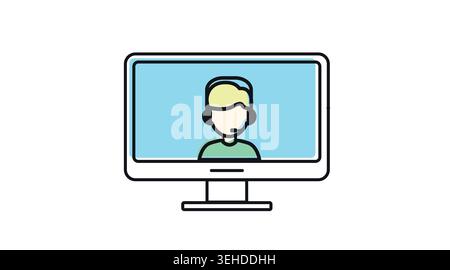Desktop computer customer support icon: PC workstation with support agent wearing headset on screen, modern black line art with offset color fill vect Stock Vector