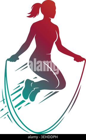 Dynamic female athlete silhouette jumping rope in mid-air skipping exercise, featuring a vibrant red to teal color gradient isolated on white backgrou Stock Vector
