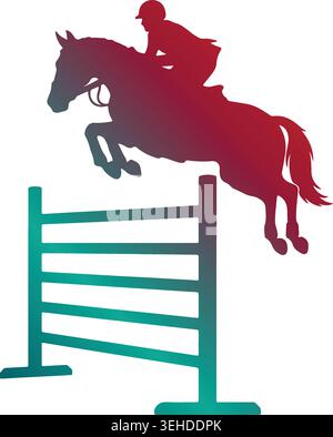Dynamic show jumping horse and rider silhouette leaping over an obstacle hurdle, featuring a vibrant red to teal color gradient on a white background Stock Vector