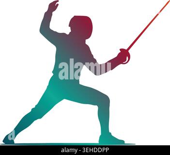 Dynamic fencer athlete silhouette in attacking en garde stance holding a foil sword, featuring a vibrant red to teal color gradient on a white backgro Stock Vector