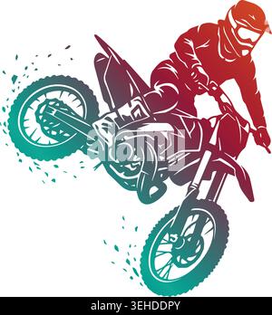 Dynamic motocross rider silhouette launching mid-air performing a dirt bike stunt, featuring a vibrant red to teal color gradient on white background Stock Vector