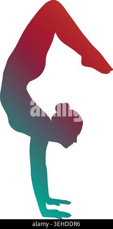Dynamic rhythmic gymnast silhouette performing a balancing handstand scorpion pose, featuring a vibrant red to teal color gradient on a white backgrou Stock Vector
