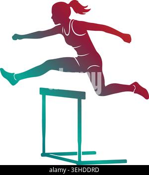 Dynamic female hurdles runner silhouette leaping over a hurdle fence, featuring a vibrant red to teal color gradient isolated on white background Stock Vector