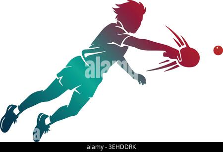 Dynamic table tennis player silhouette diving to hit a ball with a paddle, featuring a vibrant red to teal color gradient on a white background Stock Vector