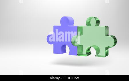 3D purple and green glass puzzle piece, isometric perspective render. Jigsaw toy for partner work solution and business problem solving. Realistic Stock Vector