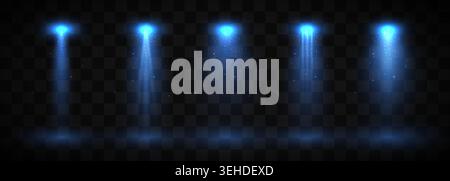Blue stage spotlights with glowing particles. Bright light beams for show and performance. Vector illustration. Stock Vector