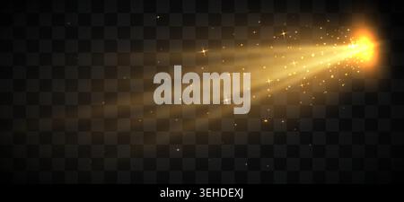 Golden light beam with sparkling magic dust. Bright glow effect on dark background. Vector illustration Stock Vector