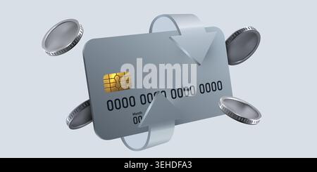 3D render of a credit card with circulating silver coins for online payment concept. Vector illustration Stock Vector