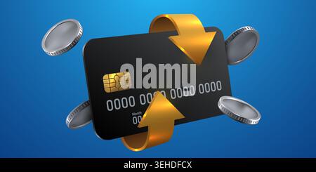 Black credit card with golden arrows and floating coins, finance concept for secure payment. Vector illustration. Stock Vector