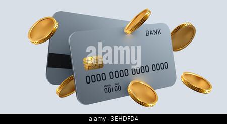 Bank credit cards with floating gold coins. Financial payment concept for shopping and banking. Vector illustration Stock Vector